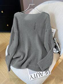 Autumn New Loose Hollow-Out Distressed Slouchy Long Sleeve Air Conditioning Shirt Sun Protection Top - Grey - View 9