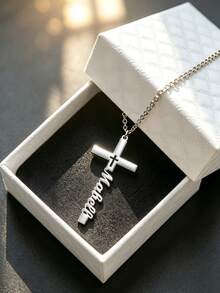 1pc Customized Name Necklace, Stainless Steel Cross Pendant Necklace, Personalized Birthday Gift For Women, Minimalist Daily Style, Comes With Gift Box, Suitable For Valentine's Day, Birthday, Mother's Day, Daily Gifting, Vertical Name Necklace - Multicolor - View 7
