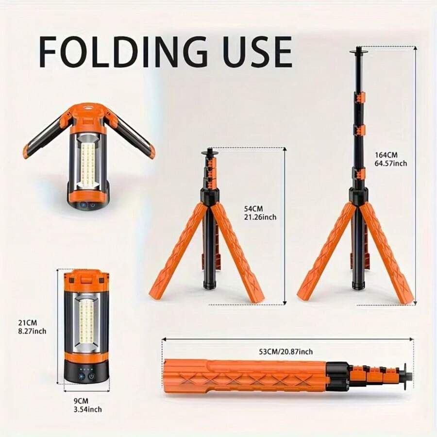 Smart LED Multi-Function Folding Camping Light, Wireless Work Light With Stand, USB Rechargeable Portable Adjustable Lamp, 9000mAh Capacity, 3 Rotatable Folding Light Heads, Emergency Handheld Flashlight, Equipped With Detachable Tripod - Orange - View 1