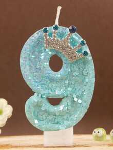 1pc Ice Blue Glitter Number Birthday Candle 0-9, Luxury Crown Style, Suitable For Girls' First Birthday Party, Princess Theme Cake Decoration, Kids Dessert Decoration - Ice Blue - View 15