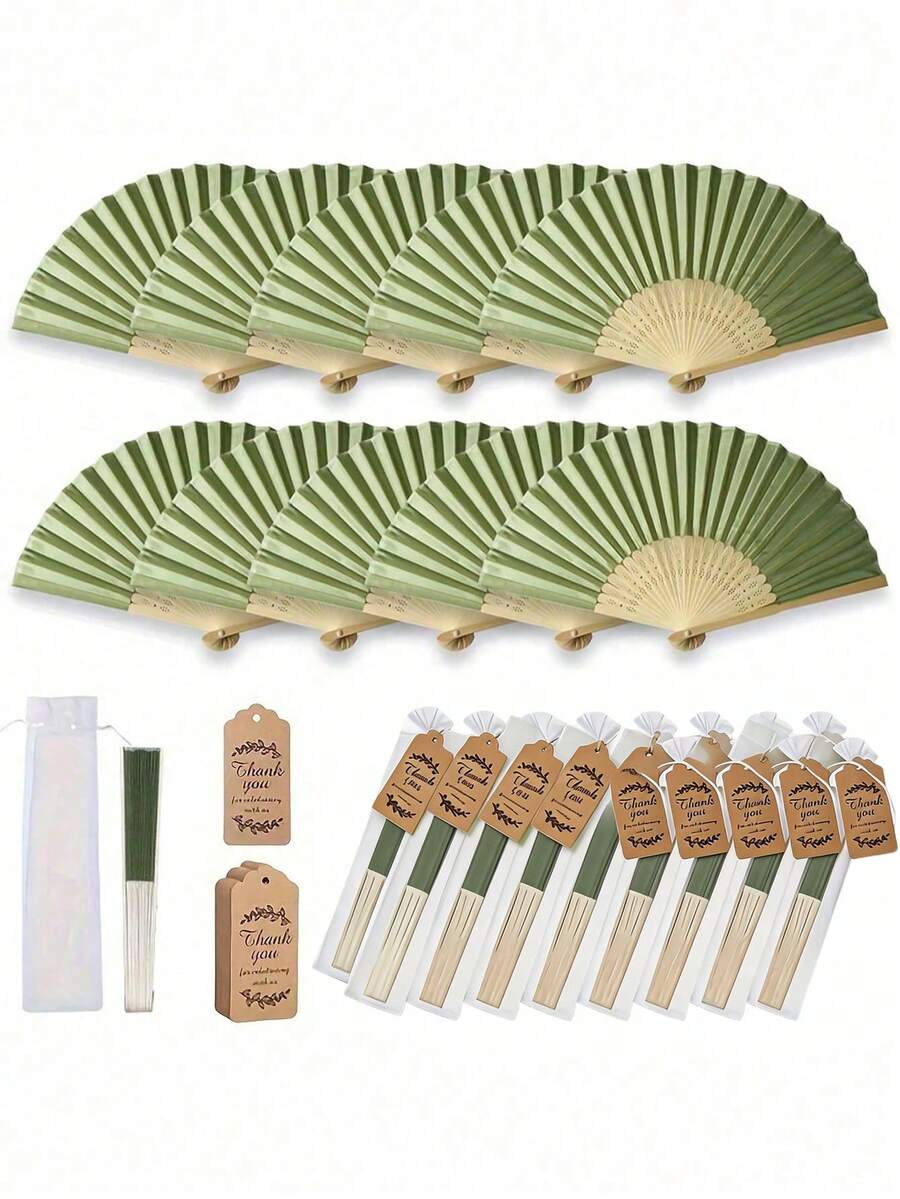 1/3/15/30件組 夏季綠色系列婚禮禮物扇子套組，女士摺疊扇，綠色系列，透明抽繩袋，婚禮派對裝飾。適用於新娘禮物、生日派對贈品、伴娘拍照道具、夏季扇子、活動派對用品、戶外旅行、舞蹈表演、旗袍穿搭、攝影道具、多件式派對禮物袋。