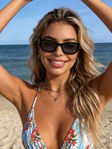 1 par de gafas de moda europea & americana con marco poligonal extragrande, gafas de mujer vintage minimalistas casuales versátiles, estilo de calle de alta gama que estiliza, accesorio de playa de verano, atuendo de vuelta a la escuela - Negro - Ver 2