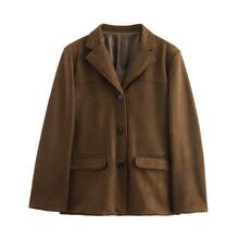 Blazer Kasual Vintage dengan Kerah Tunggal dan Kancing Depan - Coklat - View 8