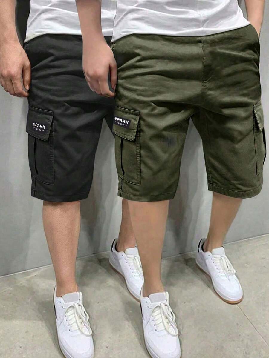 青少年男孩 2 件装休闲口袋印花徽标户外运动短裤,春夏季 - 軍綠色 - 查看 1