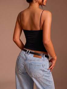 Camisole Mesh Dual-Color Solid High Elasticity Top - Black - View 6