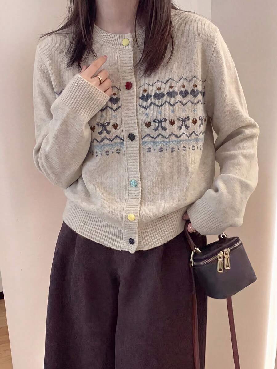 女款秋冬極簡復古花卉印花圓領開襟羊毛衫 - 燕麥色 - 查看 1
