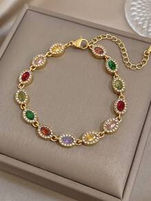 Women's Elegant Luxury Colorful Zirconia Chain Necklace & Bracelet Set, Stainless Steel Gold Chain Necklace, Party Birthday Christmas Jewelry Gift - Multi-color 2 - View 5