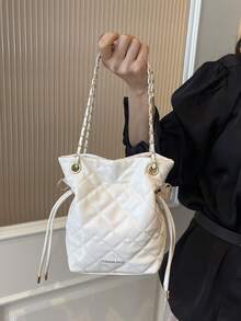 女款復古秋季PU鏈條抽繩磁扣水桶包 2026新款小眾設計單肩斜挎包 - 白色 - 查看 1