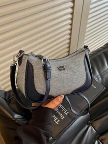 Light Blue Textured Patchwork Underarm Bag With Detachable Shoulder Strap, Minimalist Zipper Shoulder Handbag For Daily Use - Blue - View 5
