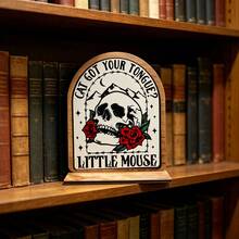 1pc AIDIS Wooden Bookshelf Sign - Vintage Gothic Style With Skull And Rose Pattern, Featuring "Cat Your Tongue" Text. Artificial Wood Desktop Decor, Suitable For Bedroom, Perfect Gift For Book Lovers. - Skull Bookshelf - View 5