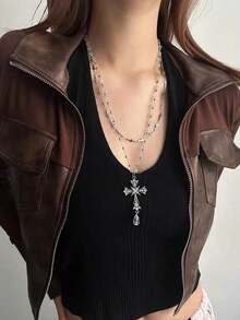 1pc Y2K Gothic Double Layer Crystal Bead Cross Rhinestone Water Drop Pendant Necklace, Stackable For Women And Girls, Punk Street, Nightclub Party, Daily Date, Hip-Hop Dark Style Neck Accessory - Cross Pendant Necklace - View 3