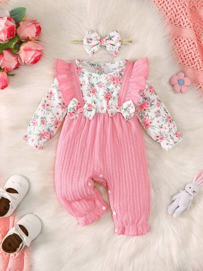 BrownBark 2pcs, Baby Girl Newborn Autumn Cute Floral Pattern Long Sleeve Romper Casual Cute Baby Girl Jumpsuit With Hair Tie, Suitable For 0-18 Months Baby Girl