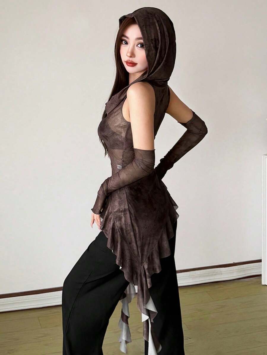 Top Dazzle Fashion Women's Hooded Knit Top, Asymmetrical Hem, Contrast Mesh Sleeves, Perfect For Creating A Look - Brown - View 1