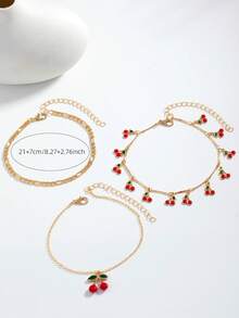 3pcs/Set Cute Cherry Pendant Anklet, Fashionable Cherry Tassel Anklet Set, Suitable For Daily Wear, Beach Party, Date - Red - View 2
