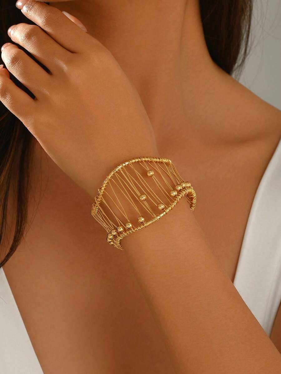 1pc Fashion Minimalist Handmade Wire-Wrapped Hollow Mesh Gold Bead Woven Wide Open Cuff Bracelet For Women, Suitable For Daily Wear (Gold Beads Are Movable) - 金色-B1556 - 查看 1