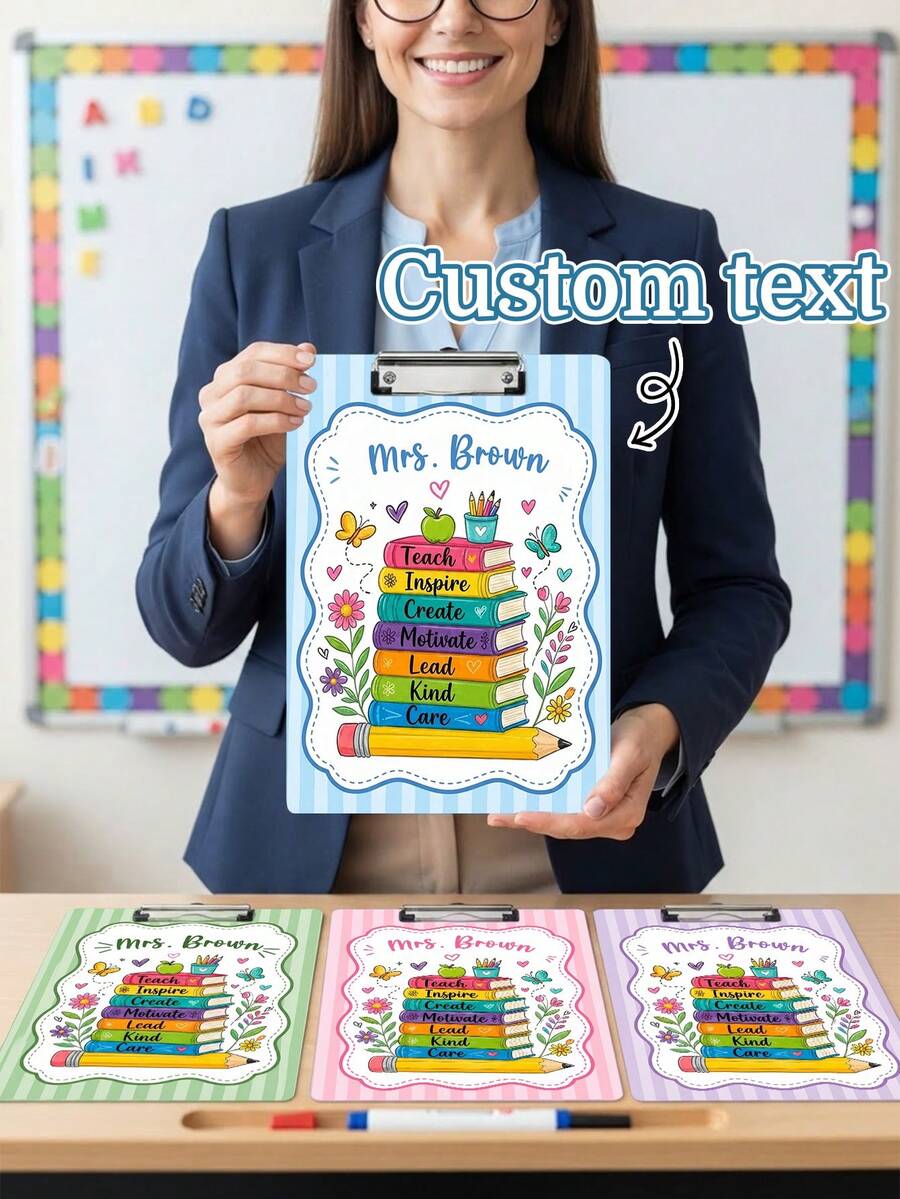 1pc Custom Teacher Name Striped Clipboard, Personalized Rainbow Stack Book Inspire Quote Writing Clip Board,Teacher Appreciation Gift,Back To School,Office Desk Decor,Teacher Gift,Teacher Planning Board - Multicolor - View 1