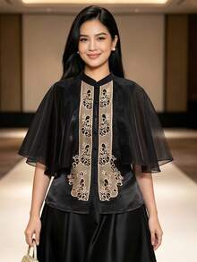 現代菲律賓風情女式襯衫上衣 1件 刺繡披肩式 Filipiniana Barong 風格上衣 - 黑色 - 查看 5