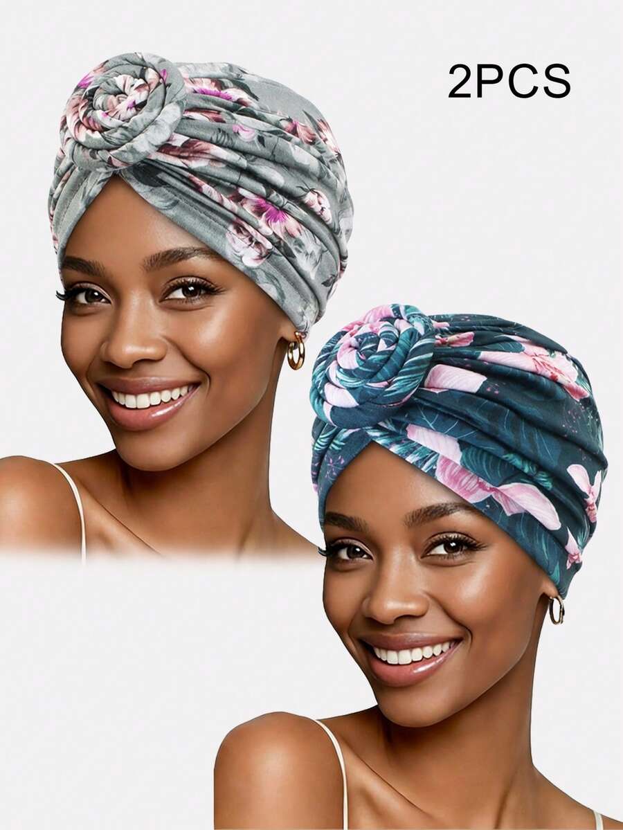 2pcs Women's Multi-Color Bohemian Style Spiral Flower Fashion Hats, Headscarf Hats Suitable For Daily Wear