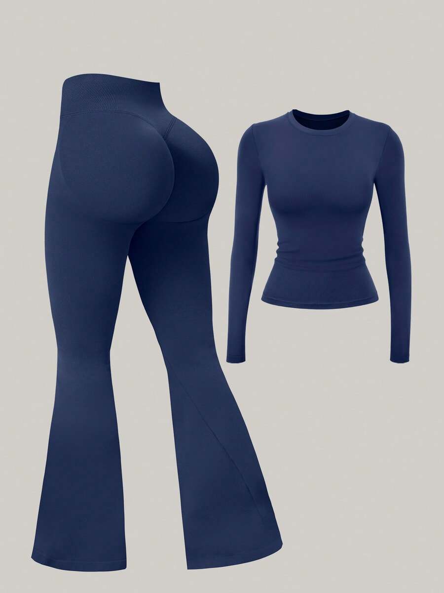 NcmRyu Women's Autumn/Winter One Set Solid Color Seamless Crew Neck Long Sleeve High Waist Tummy Control Flare Leggings Sports Outfit - Navy Blue - View 1