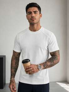 1 buah Kaos Pria Lengan Pendek Putih Kerah Bulat, Jahitan Kontras, Patchwork Dekonstruksi, Kain Rajut Tebal, Dapat Dicuci dengan Mesin, Gaya Fashion Retro Minimalis, Cocok untuk Pemakaian Sehari-hari Kasual - Putih - View 1