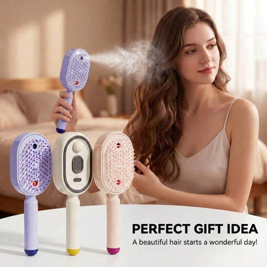 2 Pack Steam Massage Hair Brush Kit With Fine Mist Cushion Comb And Free Duck Hair Clips Anti Static Home Spa Tool To Smooth Frizzy Hair Daily - Pink + Free Purple Clip - View 1