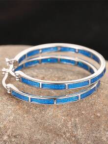 1 Pair Daily Hoop Earrings For Women, Wedding Engagement Party Jewelry, Valentine's Day Gift - Silver + Blue - View 4