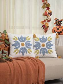 1 Stück/2 Stücke bunte Blumenmuster Kissenbezug, quadratischer Kissenbezug aus Segeltuch, Stickerei mit Schlaufen-Garn und Eck-Quasten-Akzenten, Halloween dekorativer Kissenbezug, Wohnzimmer Schlafzimmer Veranda Sofa, Landhausstil tägliche Heimdekoration, ganzjährig, ohne Füllung, 45*45cm - Verschiedenfarbig - Übersicht 15