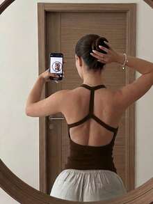 Casual Home Daily Versatile Fashion Solid Color Backless Slim Fit Flattering Camisole Tank Top Outdoor Vacation Beach Party Casual Blouses For Women, Summer Tops, Vacation Outfits For Women, Going Out Tops For Women, Beach Outfits - Brown - View 1