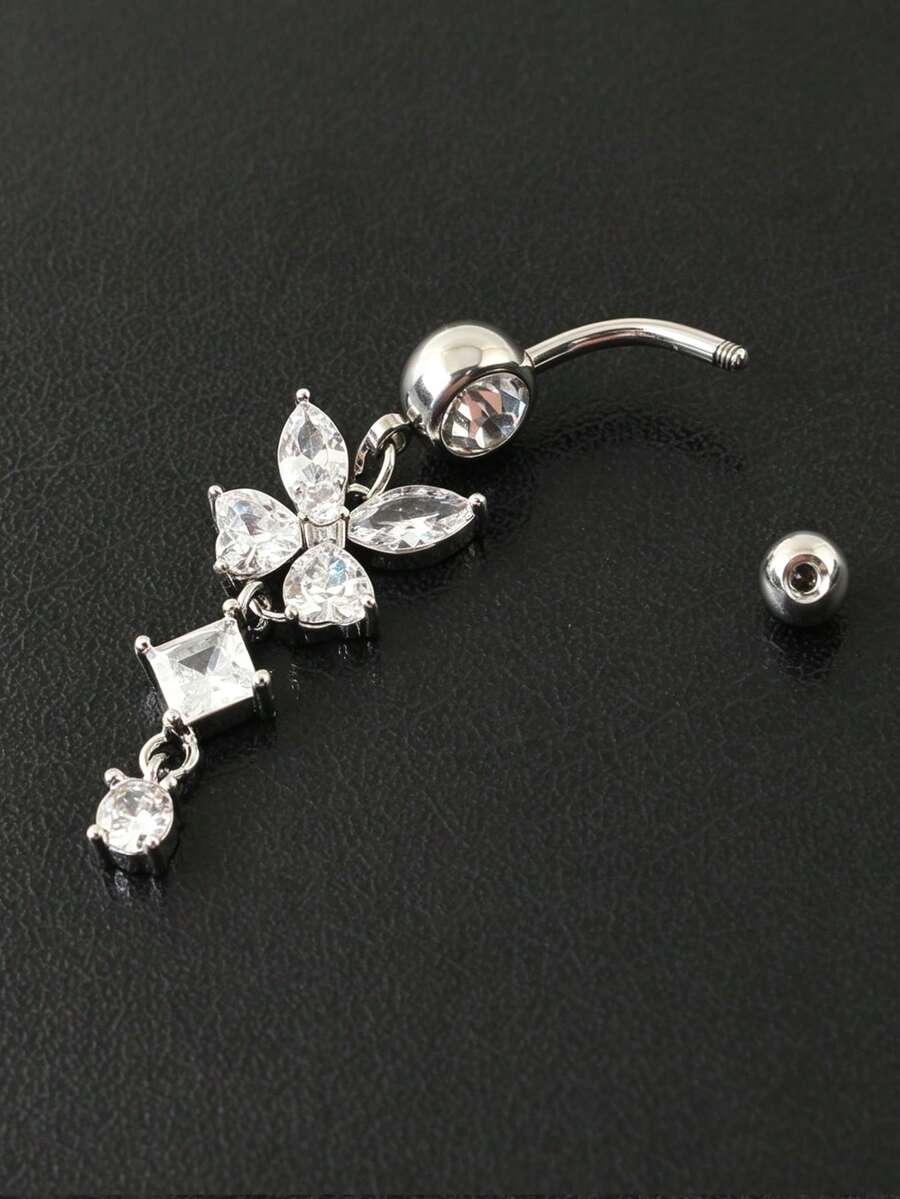 1pc Women's Butterfly Long Tassel Belly Ring, Fashion Shiny Sexy Body Jewelry, Suitable For Vacation, Holiday And Night Out - Silver - View 1