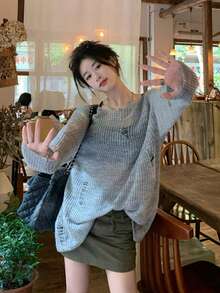 Autumn New Loose Hollow-Out Distressed Slouchy Long Sleeve Air Conditioning Shirt Sun Protection Top - Grey - View 5