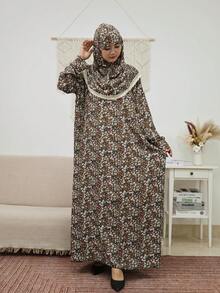 Floral Print Woven Fabric Long Abaya Dress, Round Neck, Regular Long Sleeve, Decorated With Applique Details, Loose Bohemian Style - Brown - View 5