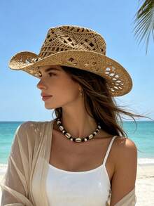 1 pieza Sombrero de paja estilo bohemio con diseño hueco de concha, sombrero de playa tipo vaquero, sombrero de paja tejido a mano puro, adecuado para vacaciones y fotografía - Caqui - Ver 5