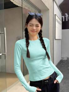 薄荷綠圓領修身長袖女款內搭上衣，秋季美式甜美Y2K風格休閒款 - 薄荷綠 - 查看 5
