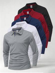 Men's Solid Color Long Sleeve Polo Shirt, Casual Fashion, Suitable For Daily Wear, Lightweight And Comfortable, Men's Polo Shirt, Suitable For Sports, Spring/Autumn/Summer - Grey - View 1