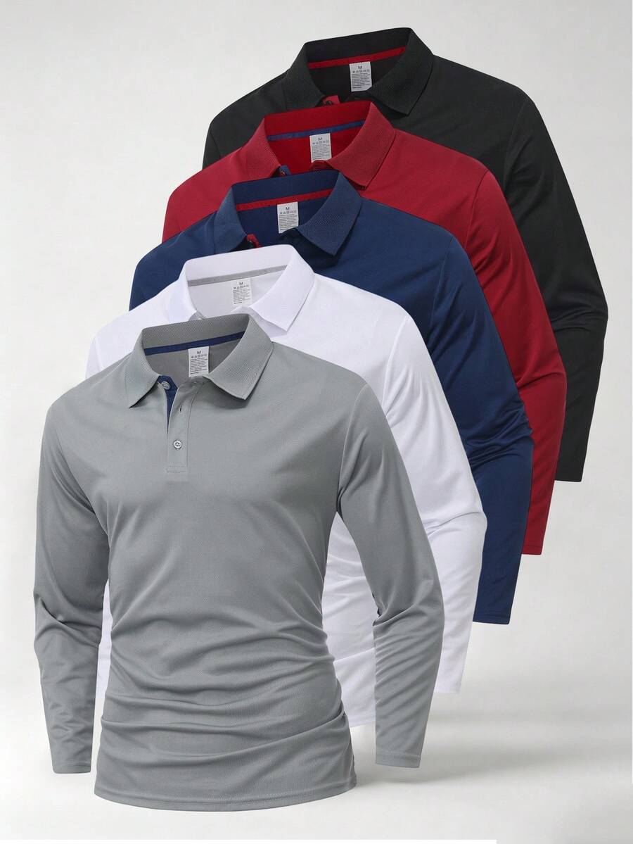 Men's Solid Color Long Sleeve Polo Shirt, Casual Fashion, Suitable For Daily Wear, Lightweight And Comfortable, Men's Polo Shirt, Suitable For Sports, Spring/Autumn/Summer - Grey - View 1