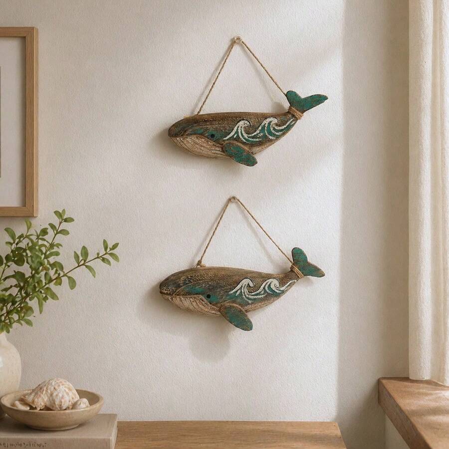 Wooden Whale Hanging Ornament Ocean Style Decor Small Fish String Creative Wall Hanging Home Curtain Living Room TV Wall Decoration - Multicolor - View 1
