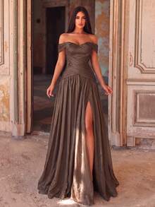Women's Long Formal Chiffon Dress, Cold Shoulder Design, Tie Back, Flared Hem, Suitable For Weddings And Special Occasions Party - Coffee Brown - View 5