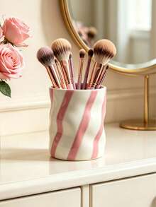 Red & White Striped And Pink & White Striped Resin Makeup Brush Holder, Decorative Cosmetic Storage Box For Vanity, Cute Makeup Brush And Pen Cup, Desktop Organizer For Makeup Brushes And Office Supplies, Elegant Makeup Brush Holder, Ideal For Girls, Students And Creative Decor Design (No Power Required) - Multicolor - View 6