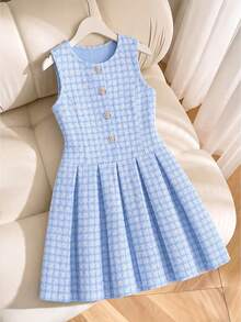 Abito estivo elegante da ragazza con motivo a quadri, senza maniche, plissettato, stile college, senza fodera interna, maglietta - blu polveroso - Visualizzare 2