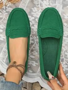 Nouvelles chaussures plates en daim tricoté vert pour femmes, mocassins confortables faits main à enfiler pour toutes les saisons, mocassins de travail élégants, chaussures de ballet Mary Jane décontractées - Vert - Voir 2