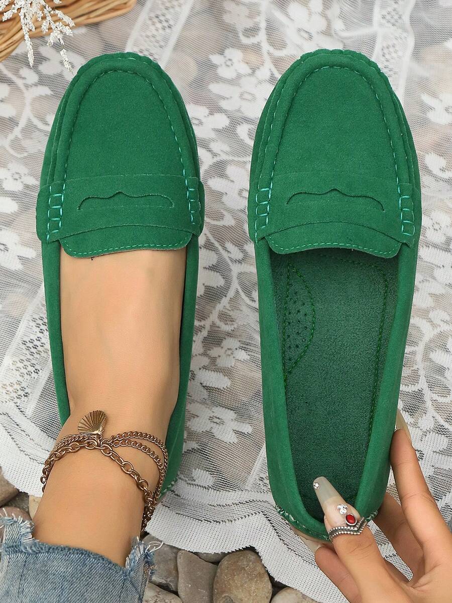 Nouvelles chaussures plates en daim tricoté vert pour femmes, mocassins confortables faits main à enfiler pour toutes les saisons, mocassins de travail élégants, chaussures de ballet Mary Jane décontractées