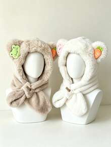 Autumn/Winter Kids Unisex One-Piece Bear Shaped Plush Hat With Scarf - Multicolor - View 4