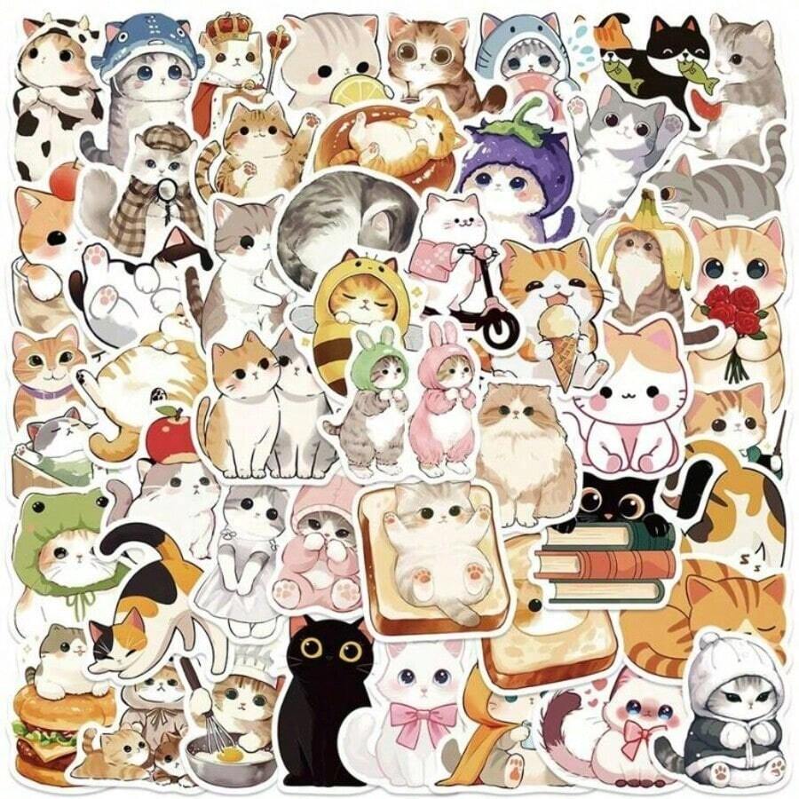 50pcs Cat Doodle Stickers Decorate Phone Computer Luggage Notebook Water Bottle Helmet, Back To School, Cute Stickers - Multicolor - View 1