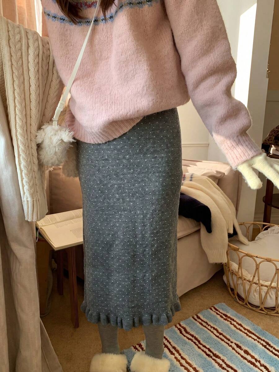 Dark Gray Polka Dot Frill Trim Knitted Skirt, Straight Bodycon Slit Long Skirt For Women, Spring And Autumn - Dark Grey - View 1