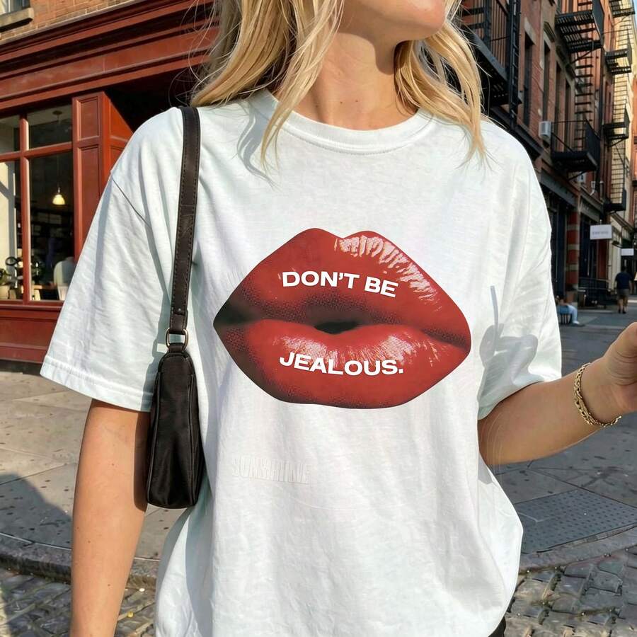 Halftone Lipstick Kiss Graphic Crew Neck Oversized Tee, Sassy Quote Short Sleeve Tshirt, Y2K Feminine Daily Top - White - View 1