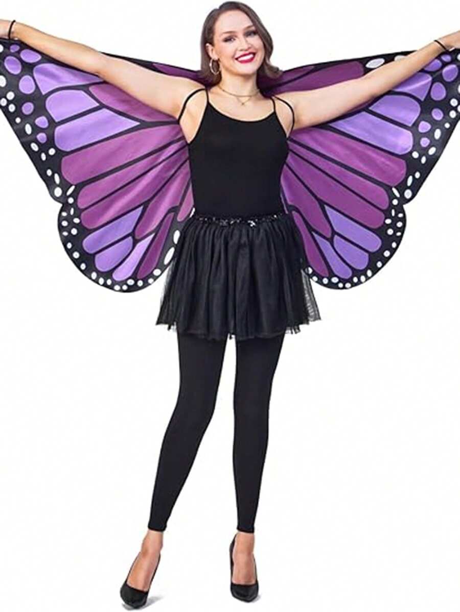 Women's 2 Piece Butterfly Halloween Cosplay Accessory Set Printed Fabric Wings Antenna Headband Fairy Party Costume Kit Fall - Purple - View 1