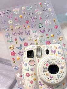 1pc Macaron Color Doodle Sticker, Flower, Star, Butterfly Pattern, Suitable For Camera, Notebook, Earphone Case, DIY Decoration, Waterproof, Self-Adhesive, Easy To Apply, No Residue - Rectangle - View 1