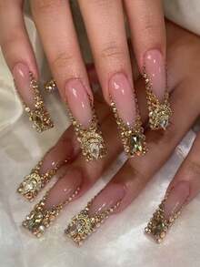 12pcs French Style Press-On Nails, Rectangular, Decorated With Large 3D Gold Rhinestones, XXL/XXXL Size, Metal Ornament Design, Luxury Y2K Style, Smooth Surface, Full Coverage, Suitable For Women And Girls Daily Wear - Multicolor - View 1