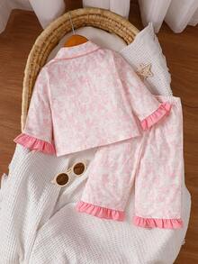 2pcs/Set Baby Girl Pajamas Set, Comfortable Fabric, Pastoral Country Style, Pink Ditsy Floral Pattern, Elegant Lady Style, Spring/Autumn/Winter Wear, Japanese/Korean Style - Pink - View 2