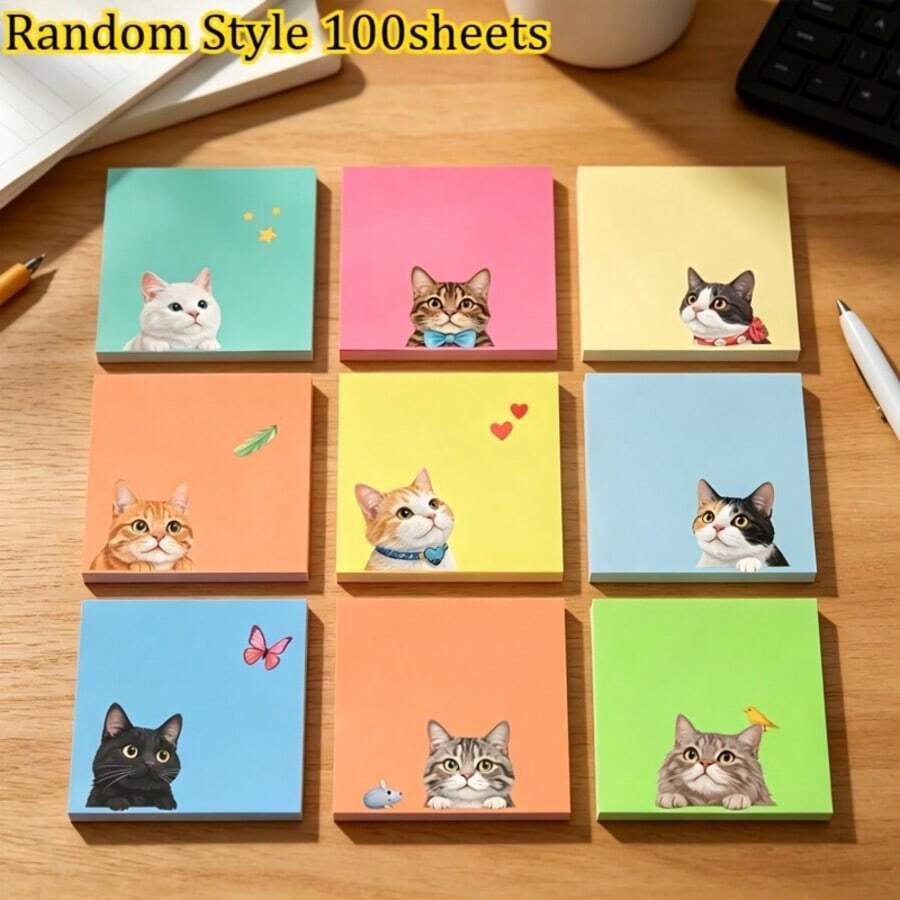 Macaron - Cat Sticky Notes 100pcs (Randomly Selected 2 Designs), Ins-Style Soft And Cute Design, High Aesthetic Value, Suitable For Decorating Student Notebooks And Office Messages - A - View 1
